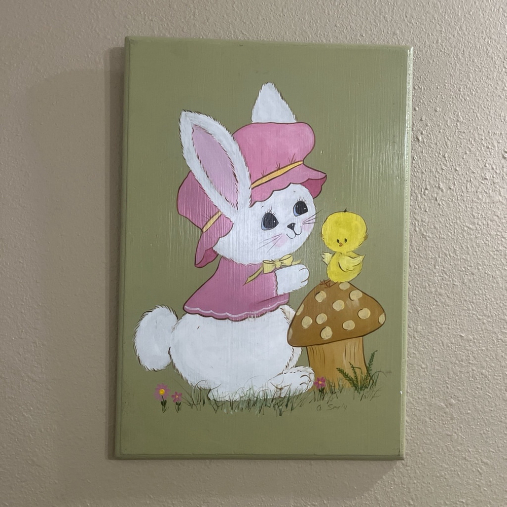 Vintage 80's Wood Art retro Bunny Rabbit Hand Painted Plaque Decor Easter